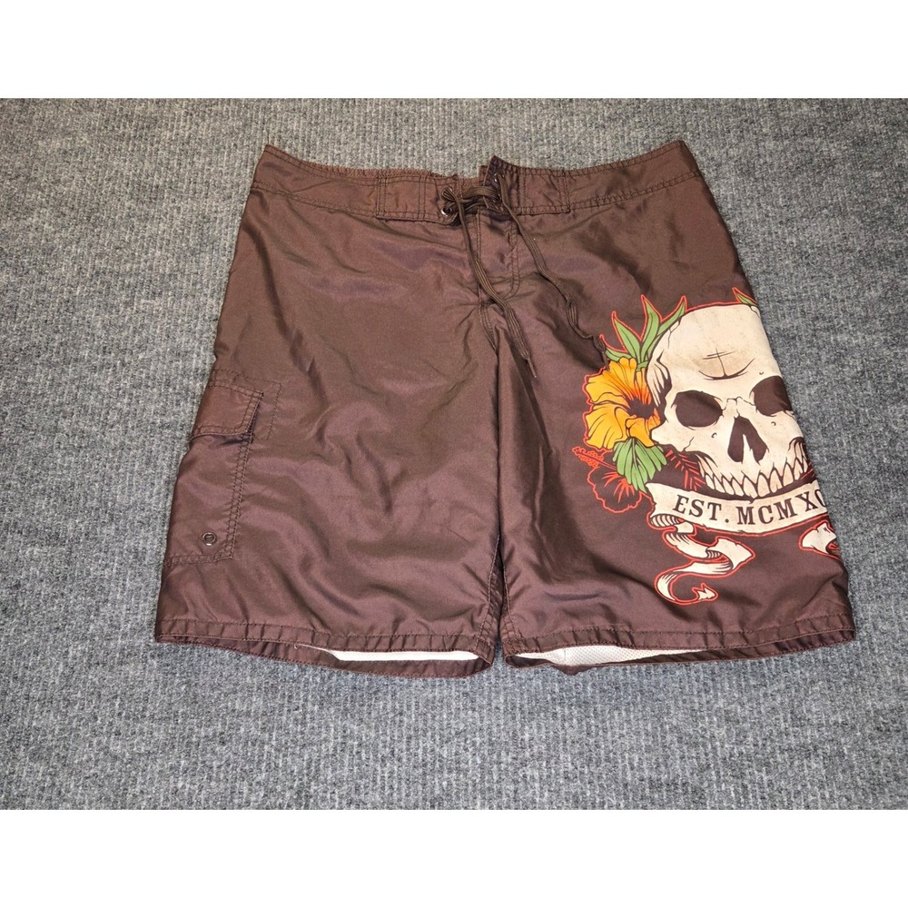 Old Navy Board Shorts Men L Brown Skull Tropical Graphic Surf Swim Trunks